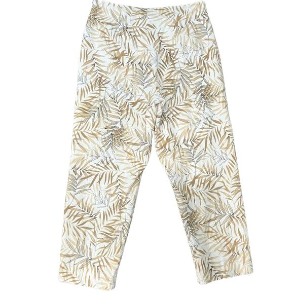 Allison Taylor 100% Linen High Rise Tan White Tropical Leaf Palm Capri Pants 6 - Picture 2 of 7